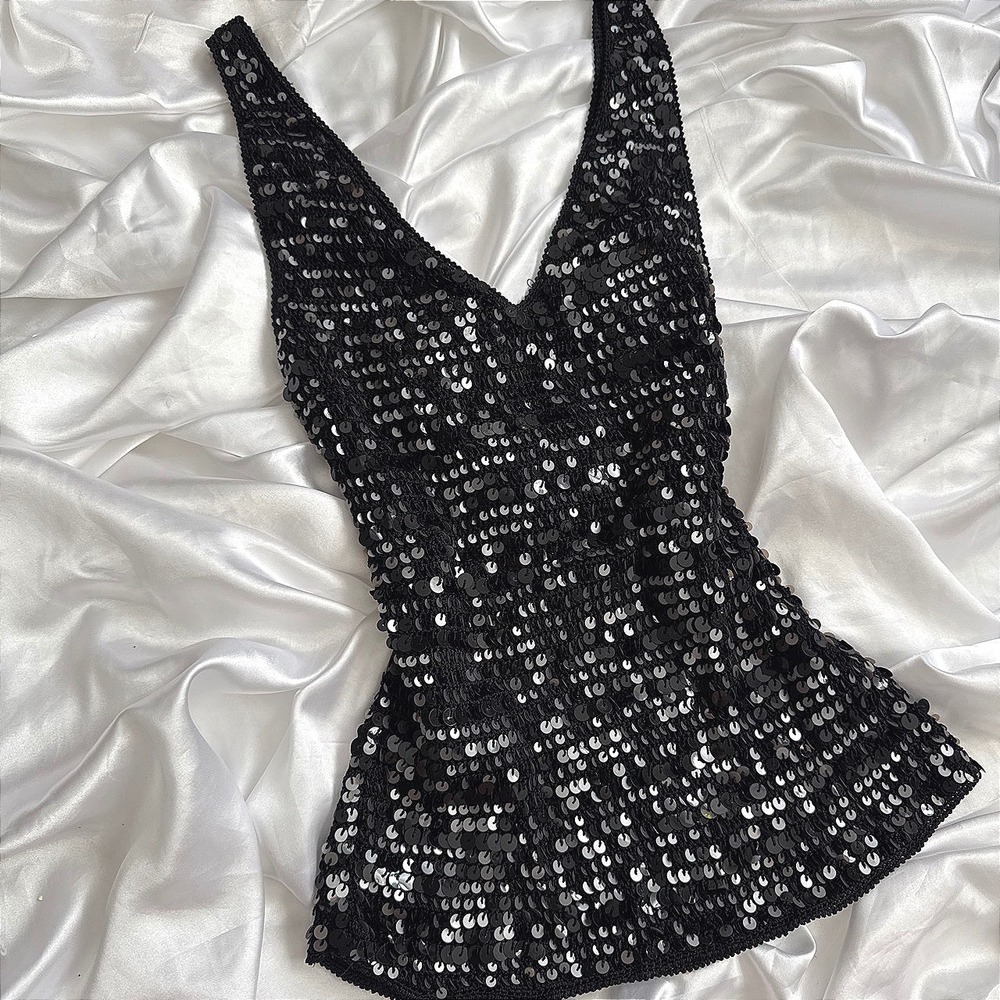 Jasper Conran Black Sequin Tank Top V-Neck Sleeveless Evening Blouse